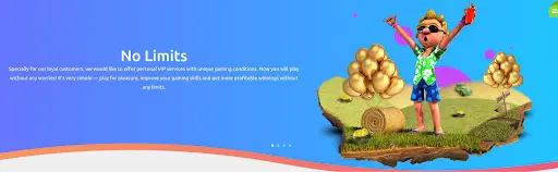 Animated character in summer clothes celebrating on a floating island decorated with golden balloons, representing Cadoola Casino’s “No Limits” VIP offer.
