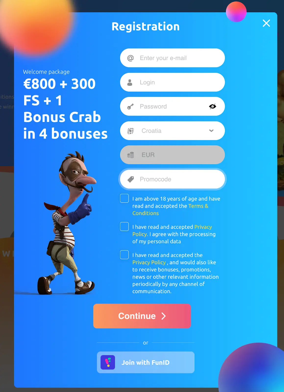 Obrazac za registraciju u Cadoola Casinu s ponudom paketa dobrodošlice od 800 € + 300 besplatnih okretaja + 1 bonus Crab u 4 bonusa, polja za unos e-pošte, prijave, lozinke, države (Hrvatska), valute (EUR) i promotivnog koda, plus potvrdni okviri za pristanak i gumb za nastavak.