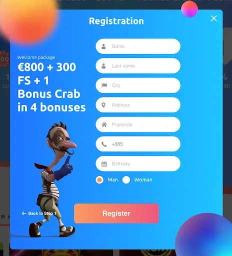 Registracijska forma s bonus ponudom €800 + 300 besplatnih vrtnji i 1 Bonus Crab u 4 dijela.