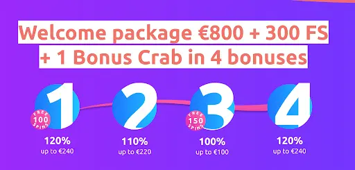 Bonus dobrodošlice: do €800 + 300 besplatnih vrtnji i 1 Bonus Crab kroz 4 uzastopna bonusa.