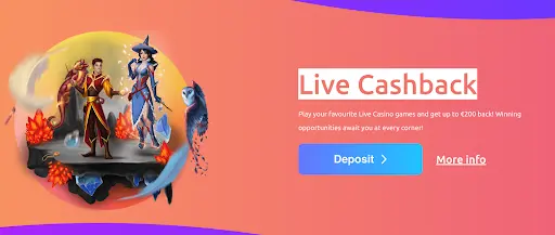 Bonus promocija s povratom do 200 €, prikazuje čarobnjaka i vješticu s fantastičnim stvorenjem na letećem otoku, okruženom kristalima i magijom.