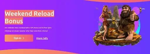 Cadoola Casino - ilustracija vikend reload bonusa s 50% bonusom i 50 besplatnih vrtnji uz likove iz doba pećinskih ljudi
