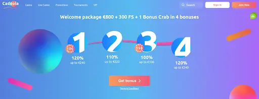 Vizualni prikaz paketa dobrodošlice u četiri koraka s ukupno €800 bonusa, 300 besplatnih vrtnji i 1 Bonus Crab nagradom.
