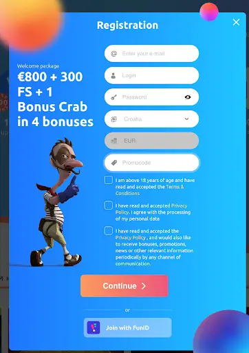 Registracijski obrazac Cadoola Casina s bonus paketom do €800, 300 besplatnih vrtnji i 1 Bonus Crab nagradom.