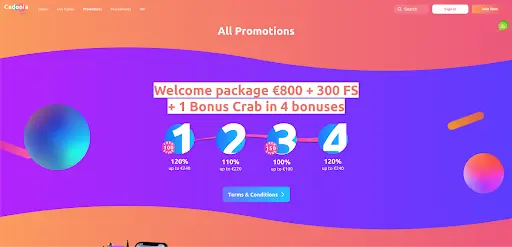 Stranica s prikazom svih promocija u Cadoola Casinu s bonus paketom dobrodošlice €800 + 300 besplatnih vrtnji i 1 Bonus Crab kroz 4 depozita.