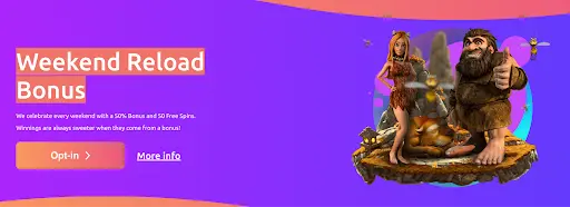 Promocija vikend bonusa s animiranim pračovjekom i ženom u kamenom dobu na plutajućem otoku, uz ponudu 50% bonusa i 50 besplatnih vrtnji.
