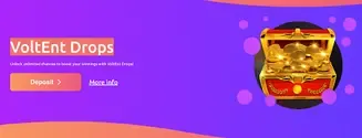 Cadoola Casino promotivni banner za VoltEnt Drops s ilustracijom škrinje pune zlatnika na ljubičastoj pozadini