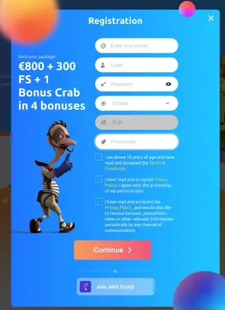 Obrazac za registraciju u Cadoola Casinu s ponudom paketa dobrodošlice od 800 € + 300 besplatnih okretaja + 1 bonus Crab u 4 bonusa, polja za unos e-pošte, prijave, lozinke, države (Hrvatska), valute (EUR) i promotivnog koda, plus potvrdni okviri za pristanak i gumb za nastavak.